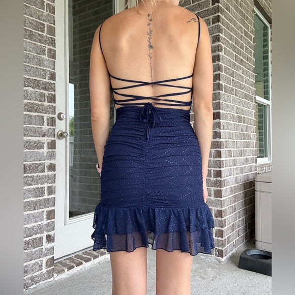 city vibes Dresses & Skirts - Navy Blue Ruffle Glittery Mesh Ruched Mini Dress